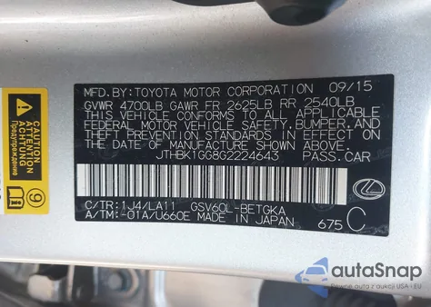 2016 Lexus Es from USA, damaged, VIN 00JTHBK1GG8G22246